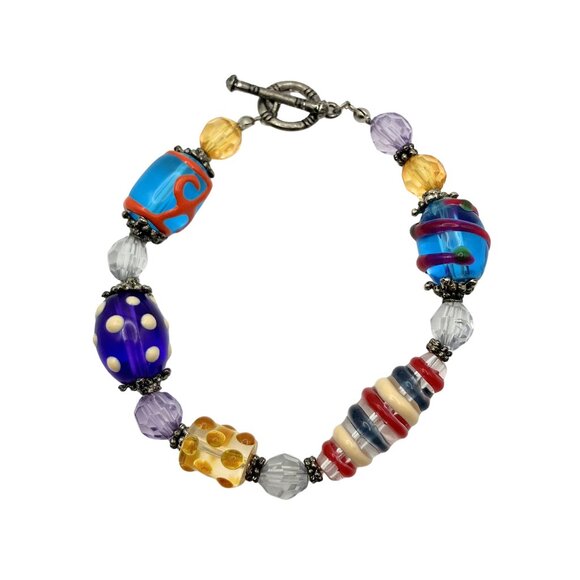 Jewelry - Colorful Artisan Lampwork Glass Beaded Bracelet Toggle 7.5” Y2K Boho Whimsigoth
